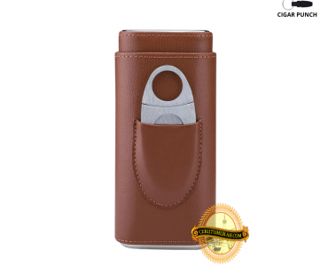 STANDARD 3 FINGER LEATHER CIGAR CASE WITH CIGAR CUTTER - BROWN